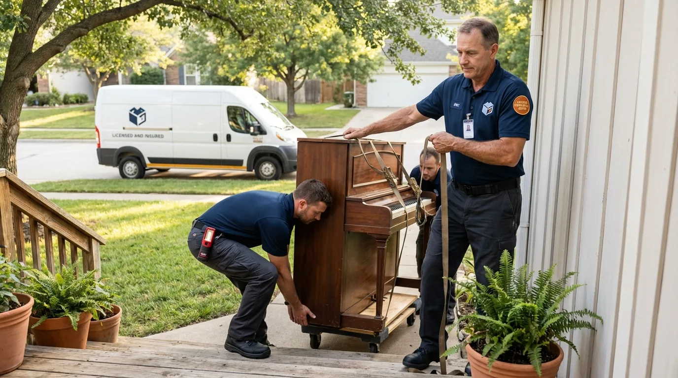 Licensed piano movers securing grand piano in Tornado, WV