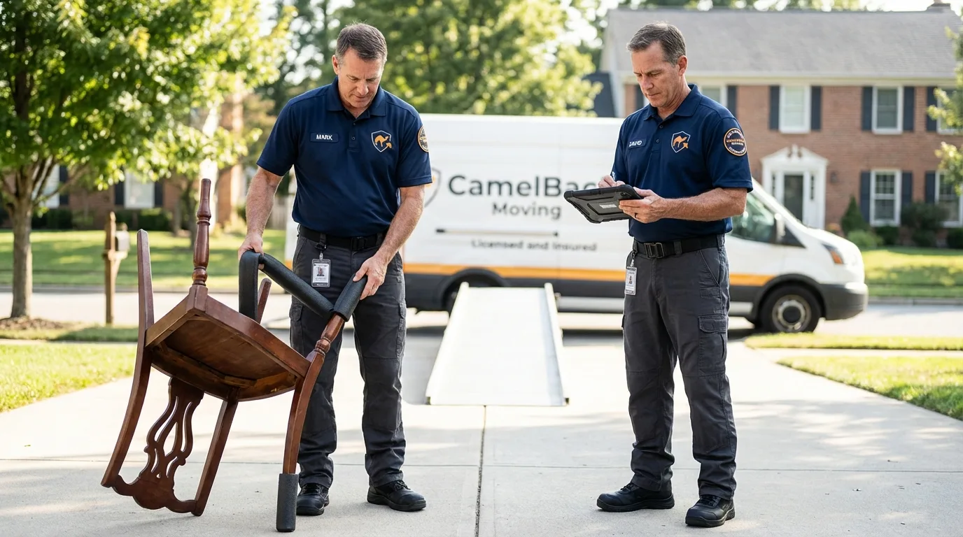 Movers inspecting furniture for damage prevention before loading in Tornado, WV